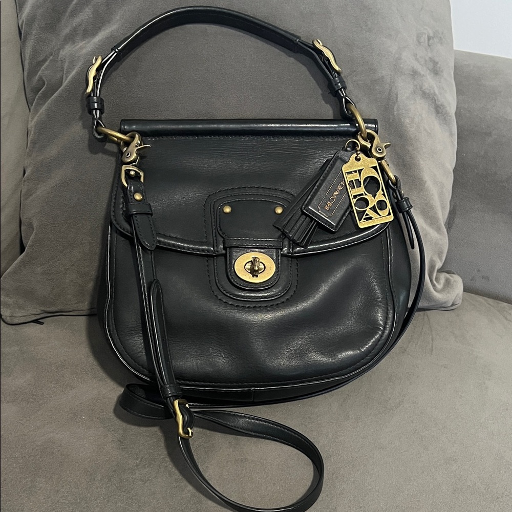 Coach Willis 70th Anniversary Black Leather Shoulder Bag with Brass Accents EUC